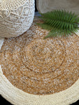 Round block printed jute rug.