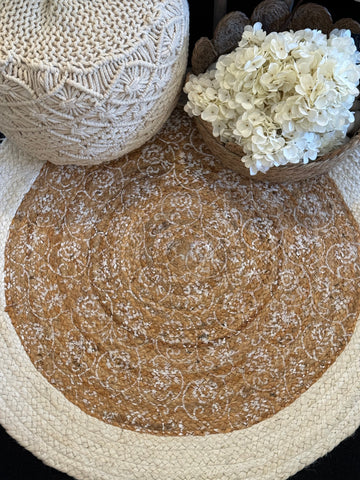 Round block printed jute rug.