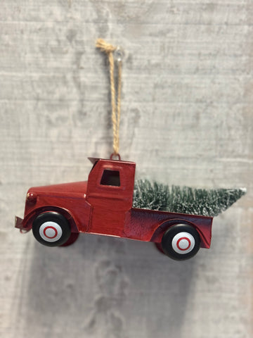 Vintage red truck and tree ornament