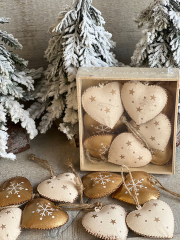 The gold tin heart ornaments