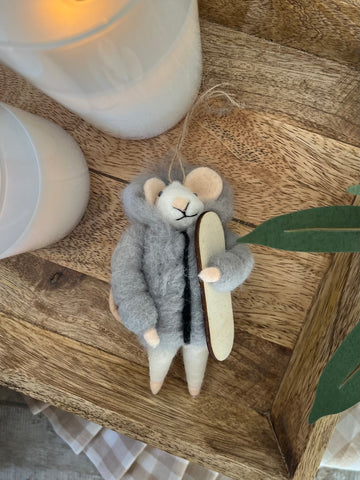 Snowboarding Silas the mouse ornament